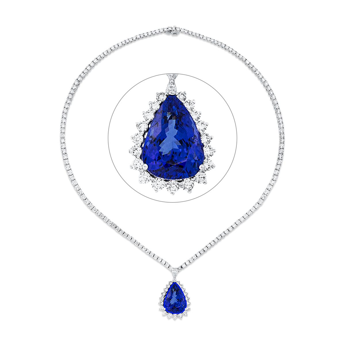 diamond full cut tanzanite colored stone classic necklace in white gold