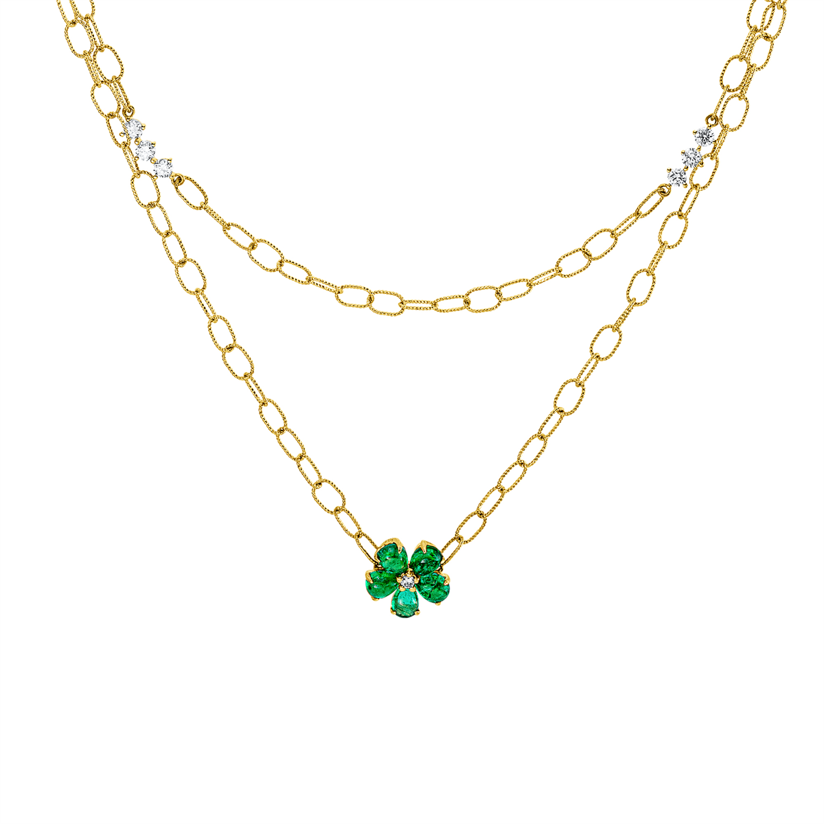 diamond full cut emerald colored stone classic necklace in yellow gold