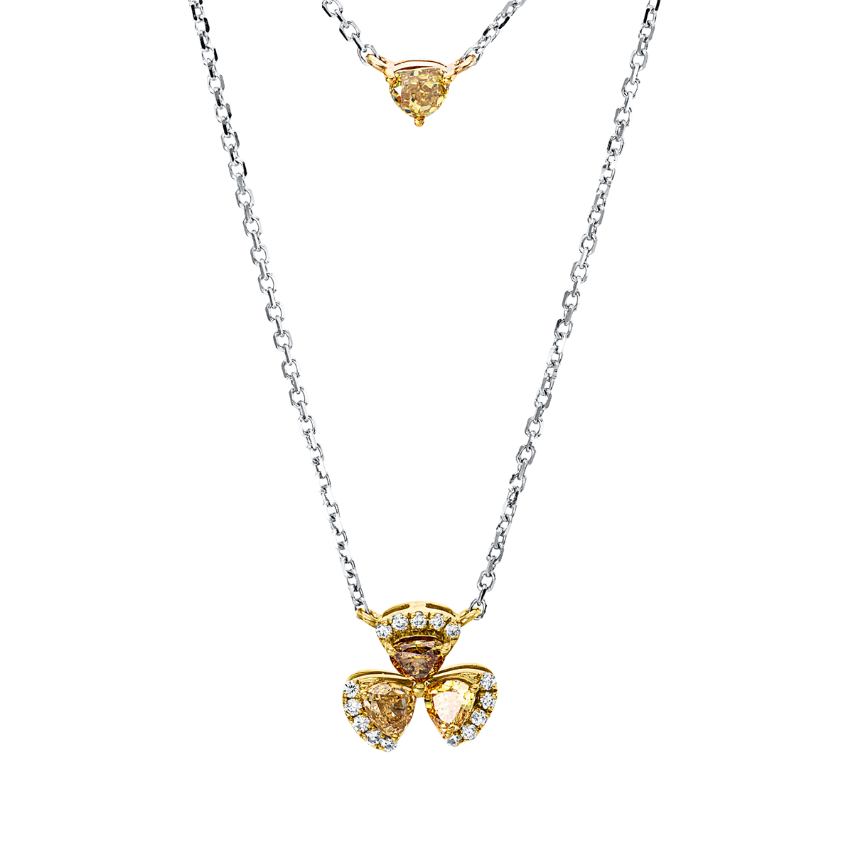 diamond full cut fancy colored diamond necklace in white gold / yellow gold
