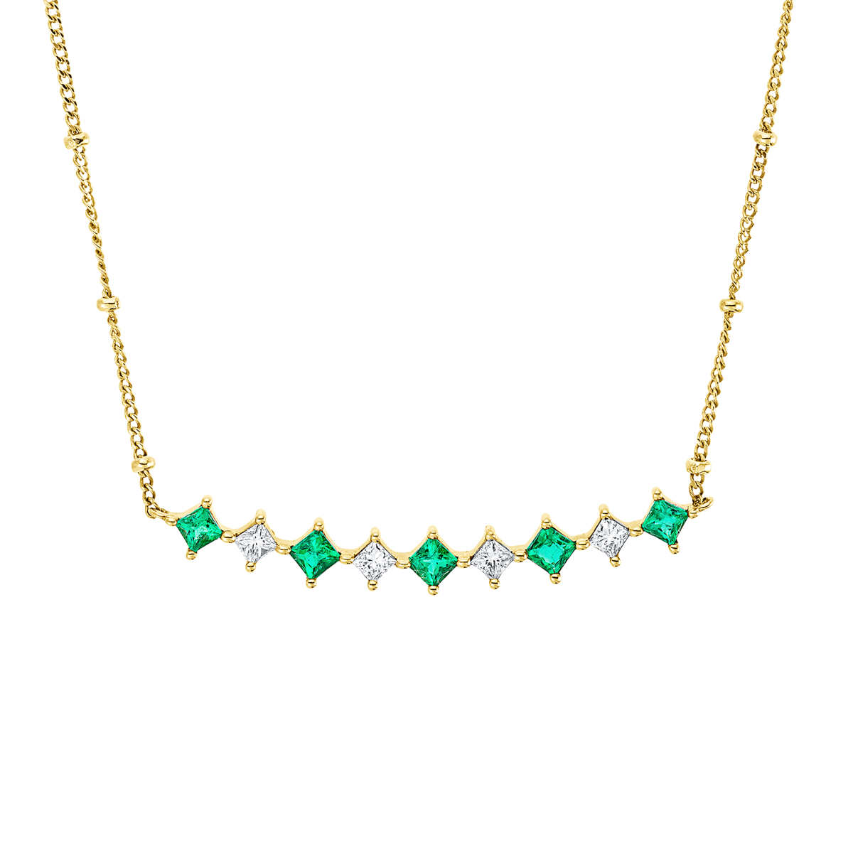 princess emerald colored stone classic necklace in yellow gold