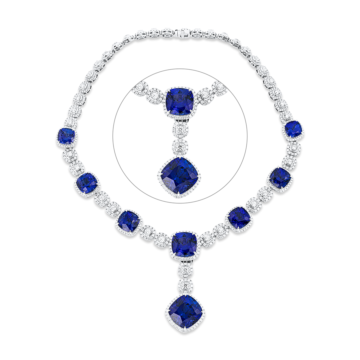 diamond full cut tanzanite colored stone classic necklace in white gold