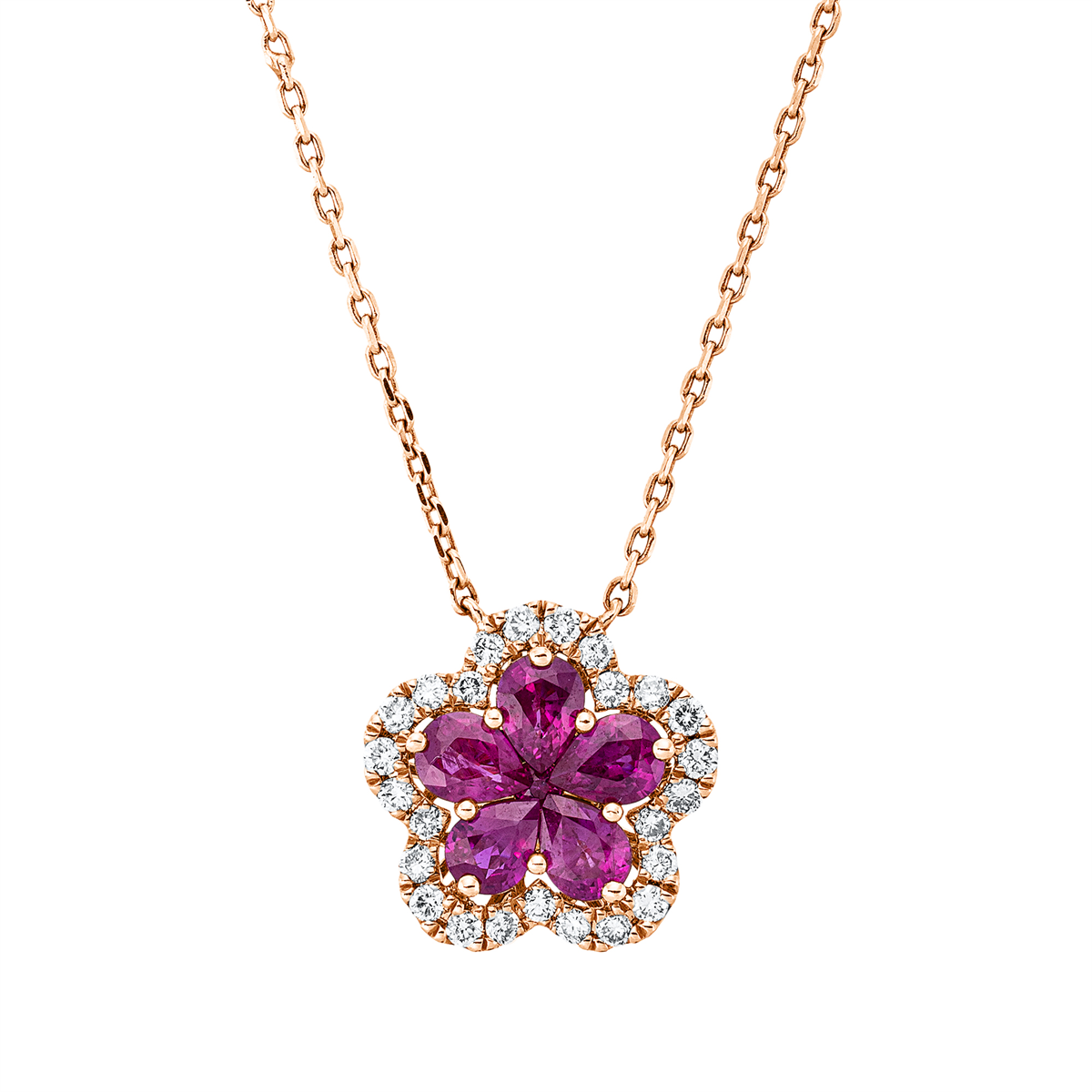 diamond full cut ruby colored stone classic necklace in red gold