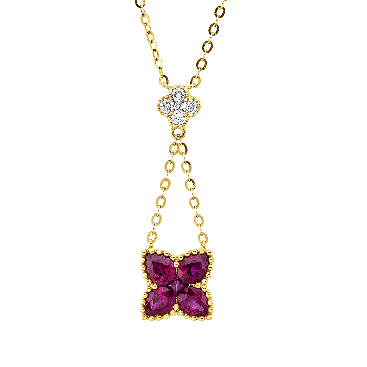 diamond full cut ruby colored stone classic necklace in yellow gold