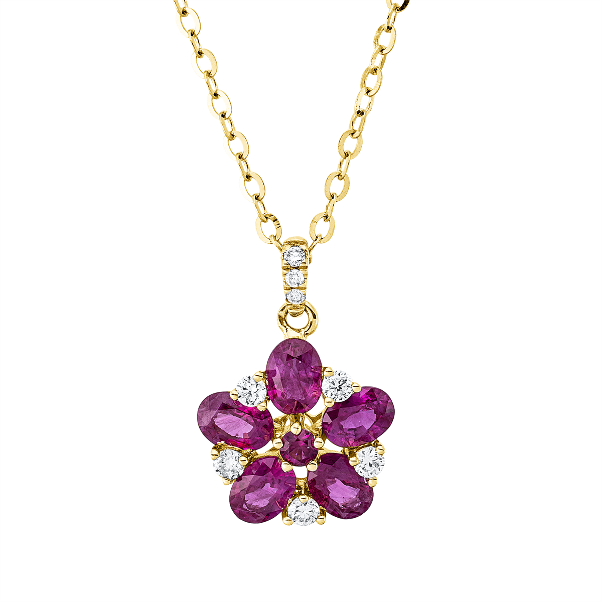 diamond full cut ruby colored stone classic necklace in yellow gold