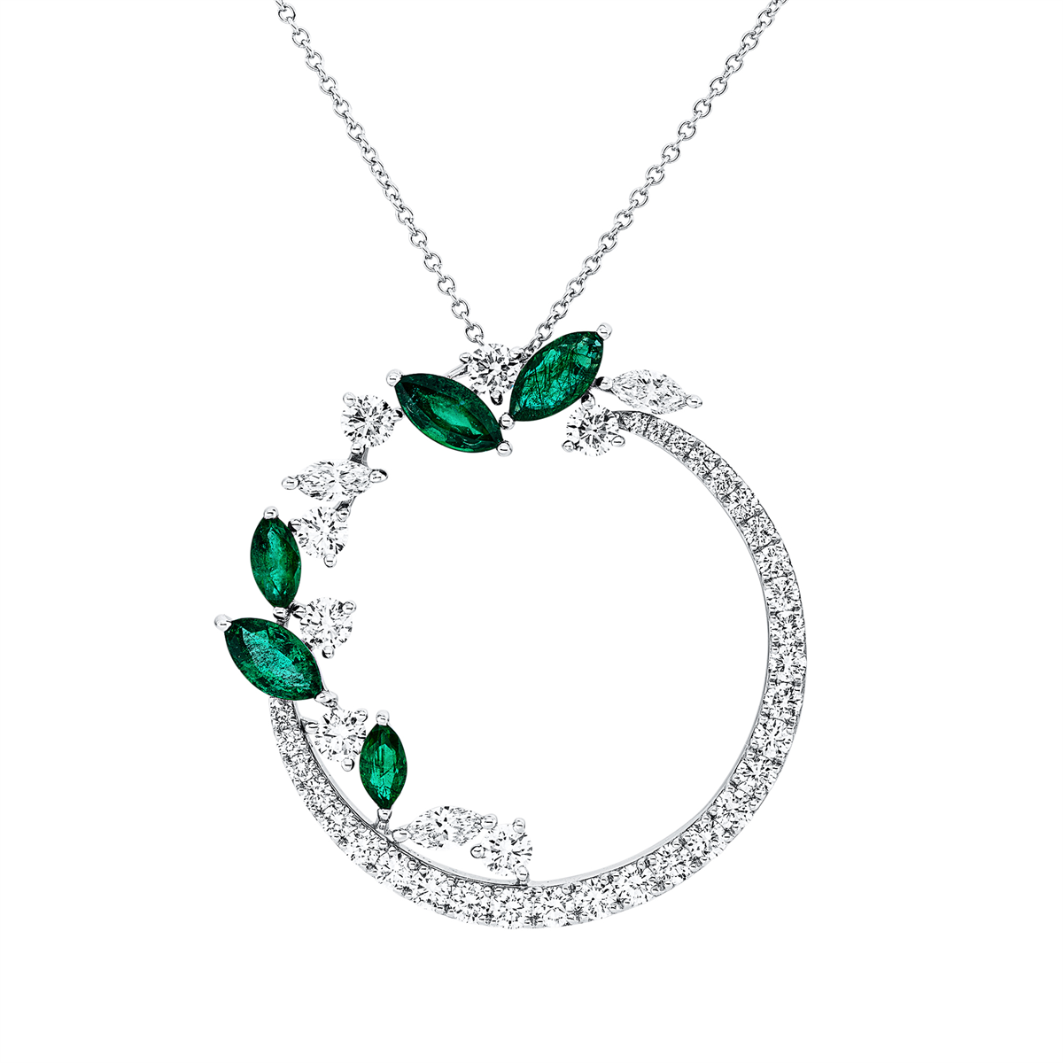 diamond full cut emerald colored stone classic necklace in white gold