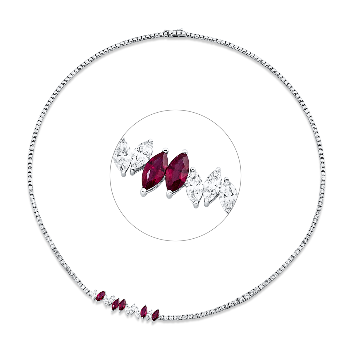 diamond full cut ruby colored stone classic necklace in white gold