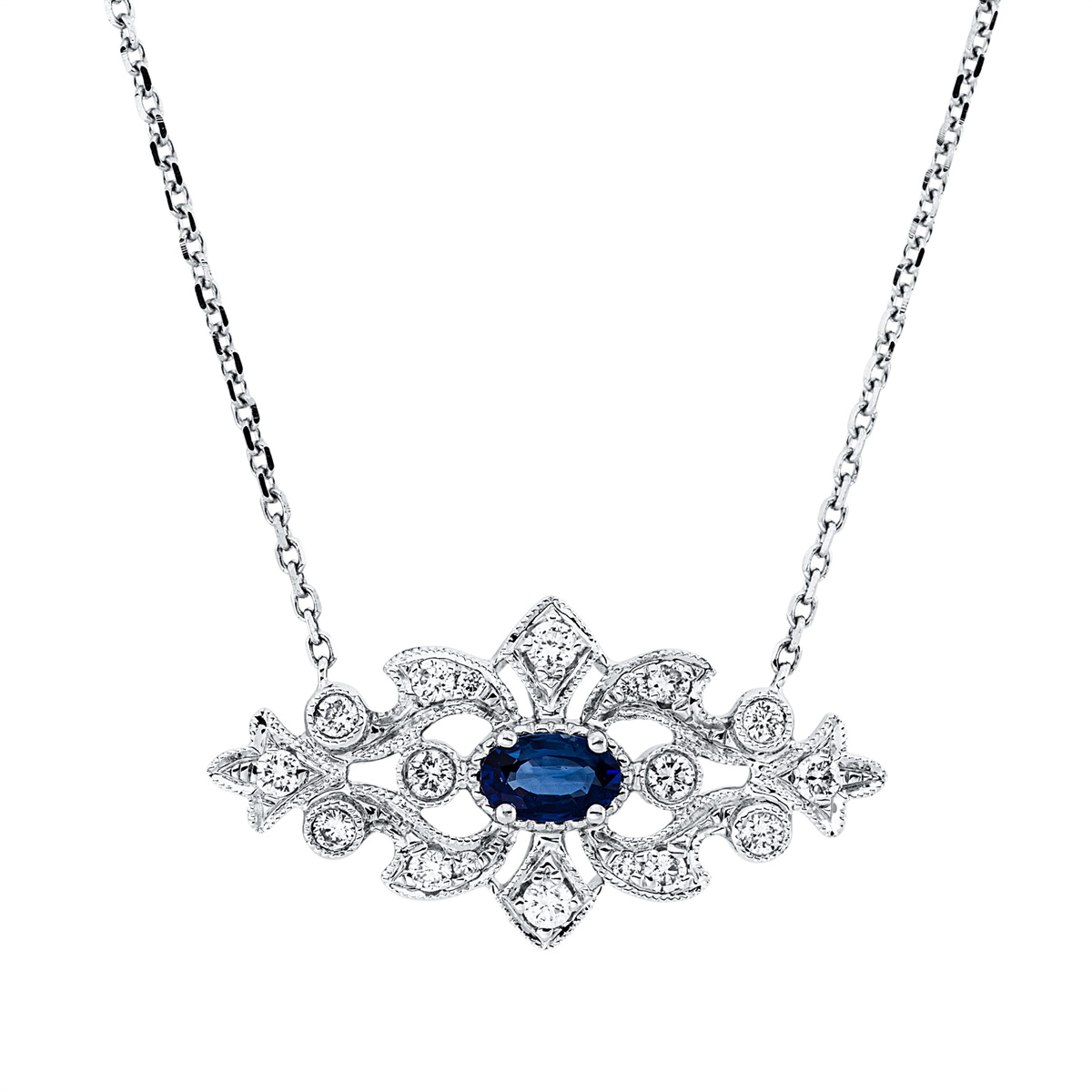 diamond full cut sapphire colored stone classic necklace in white gold