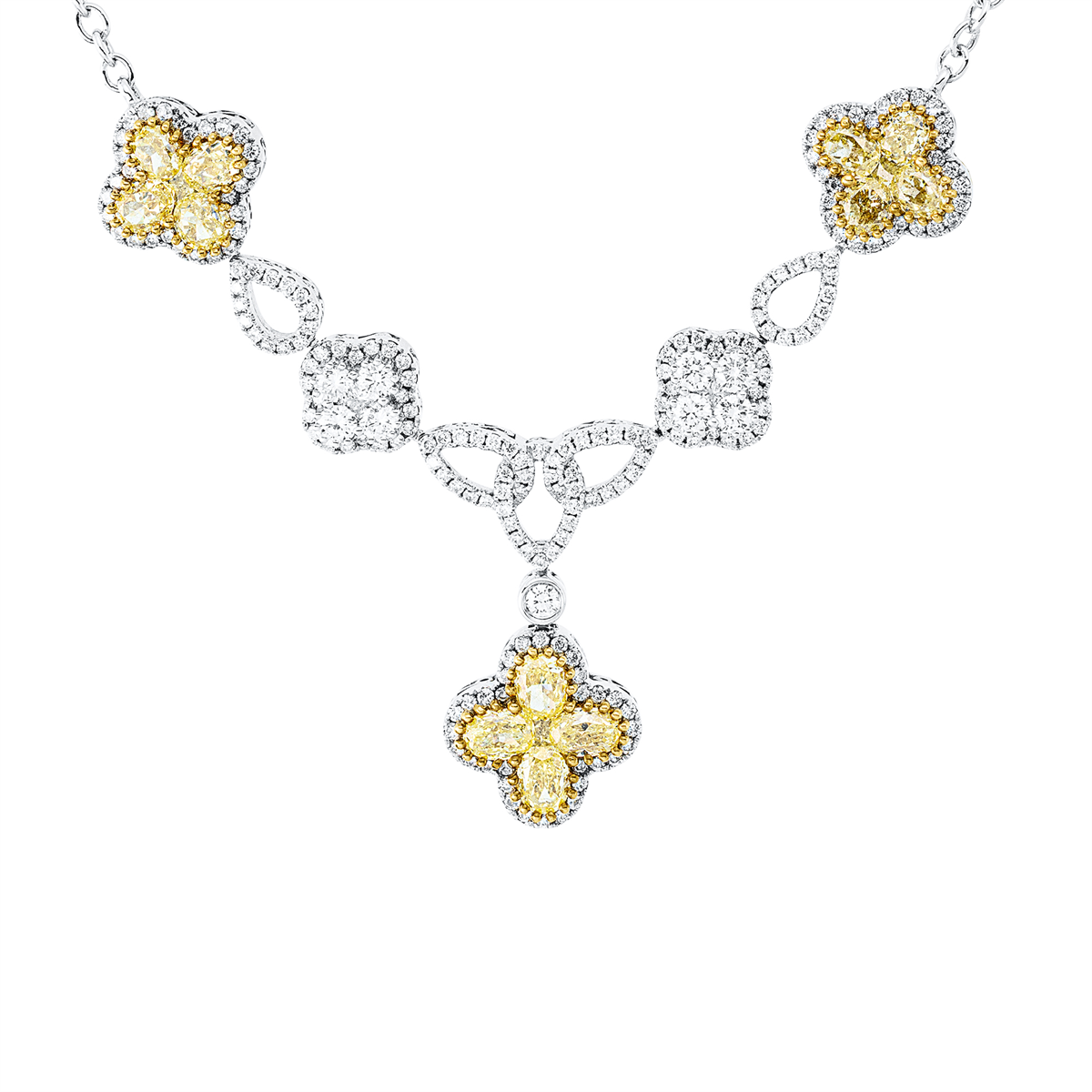 diamond full cut fancy colored diamond necklace in white gold / yellow gold