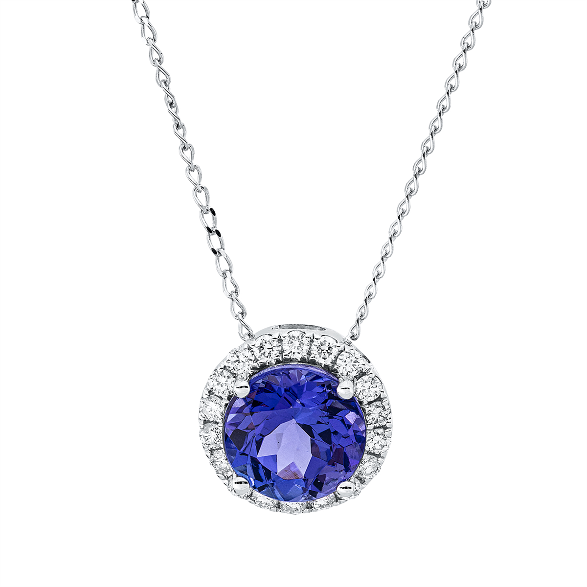 diamond full cut tanzanite colored stone classic necklace in white gold