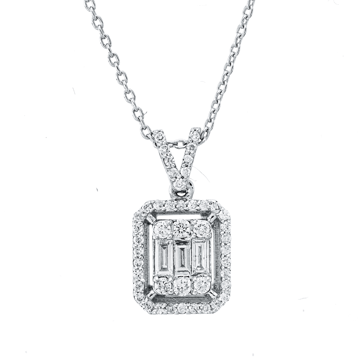 diamond full cut baguette illusion necklace in white gold