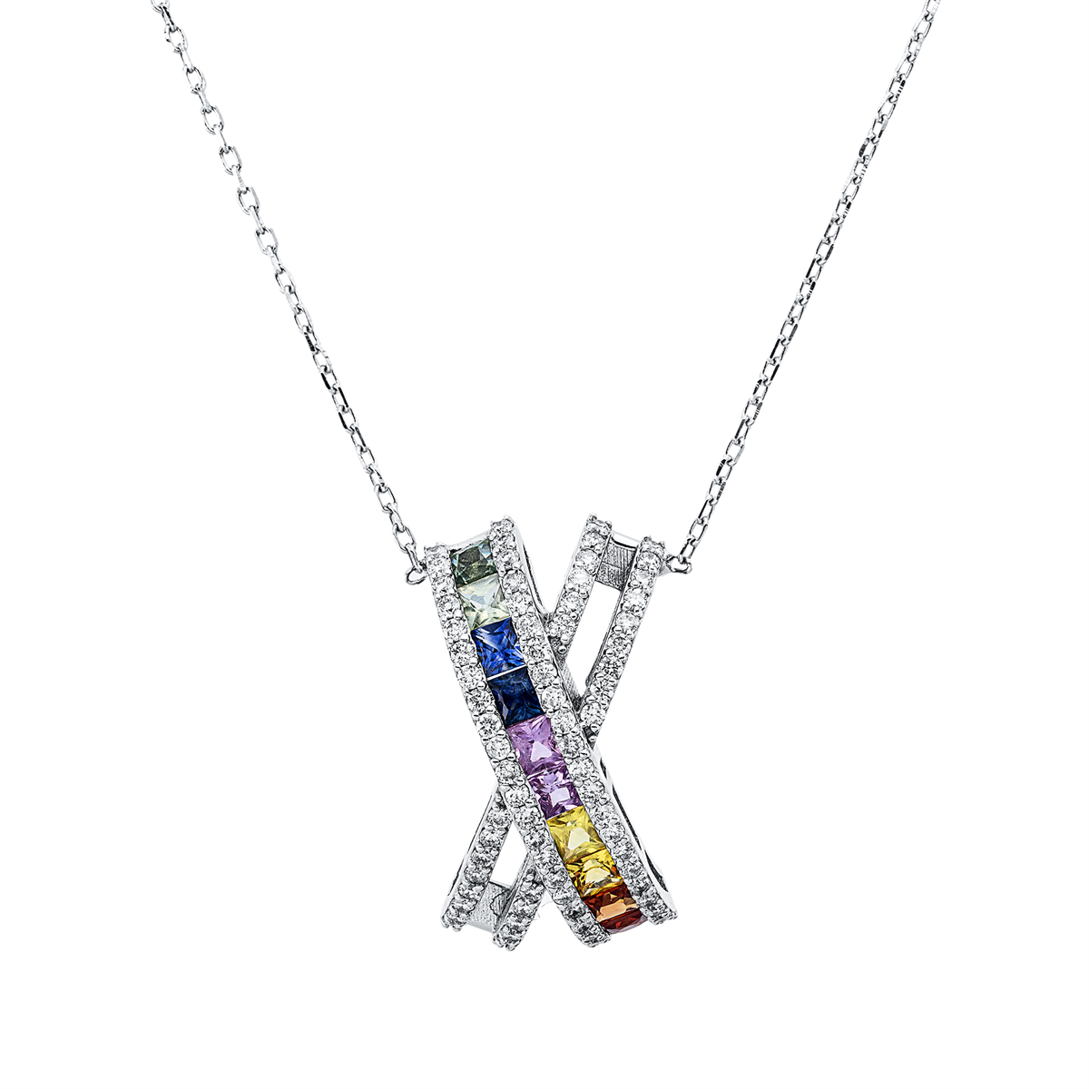 diamond full cut sapphire colored stone classic necklace in white gold