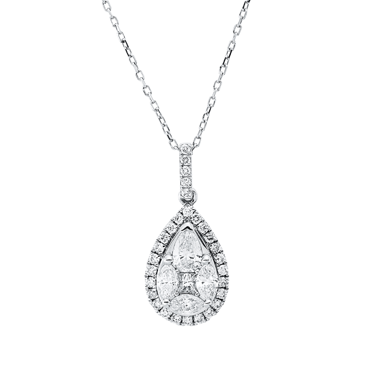 diamond full cut baguette illusion necklace in white gold