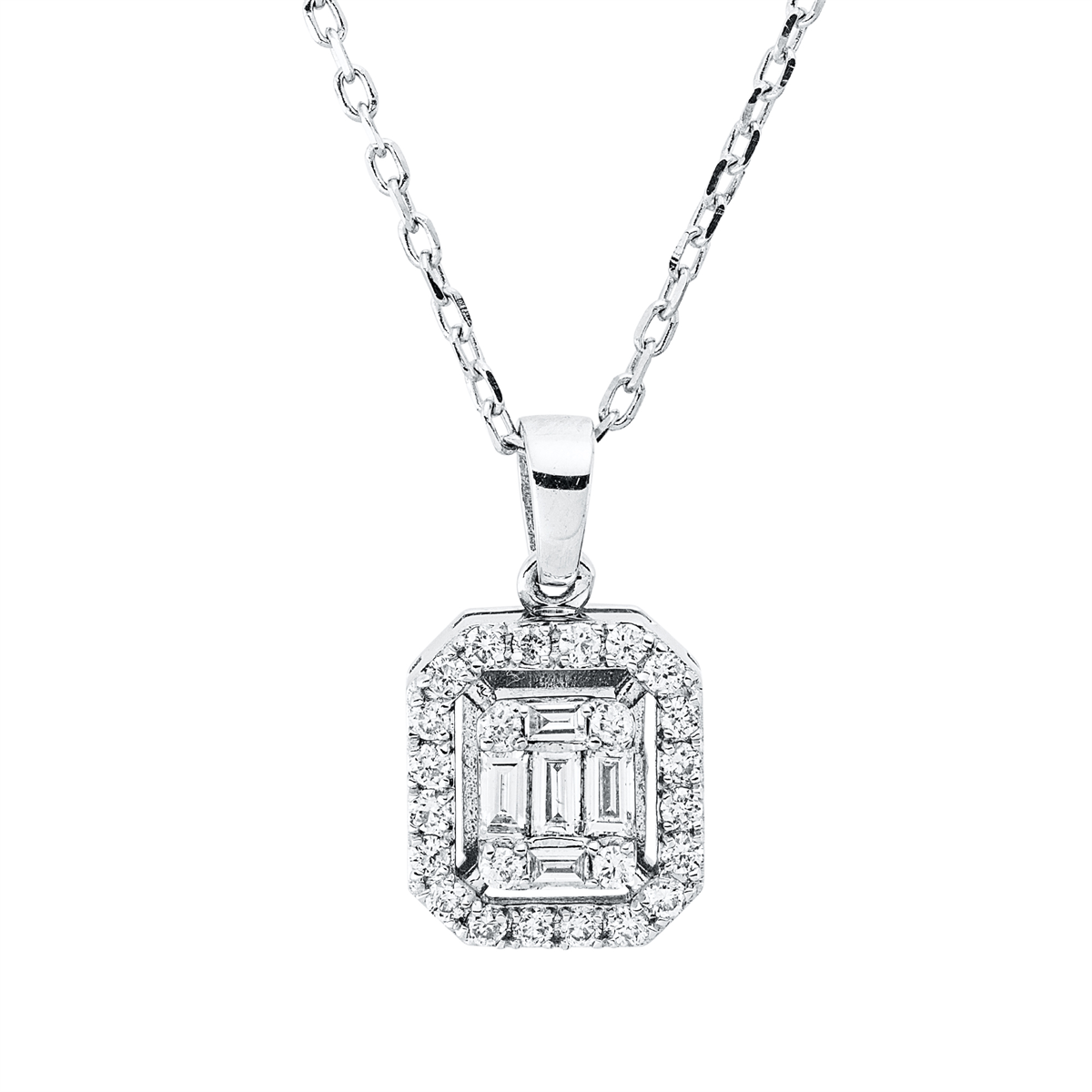 diamond full cut baguette illusion necklace in white gold