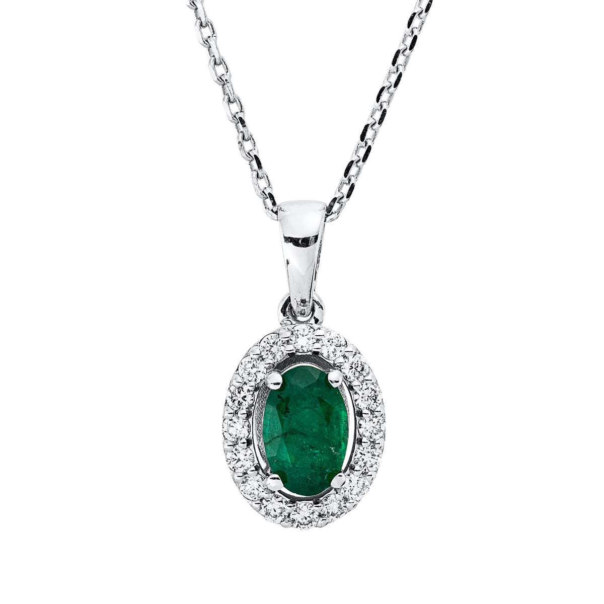 diamond full cut emerald colored stone classic necklace in white gold