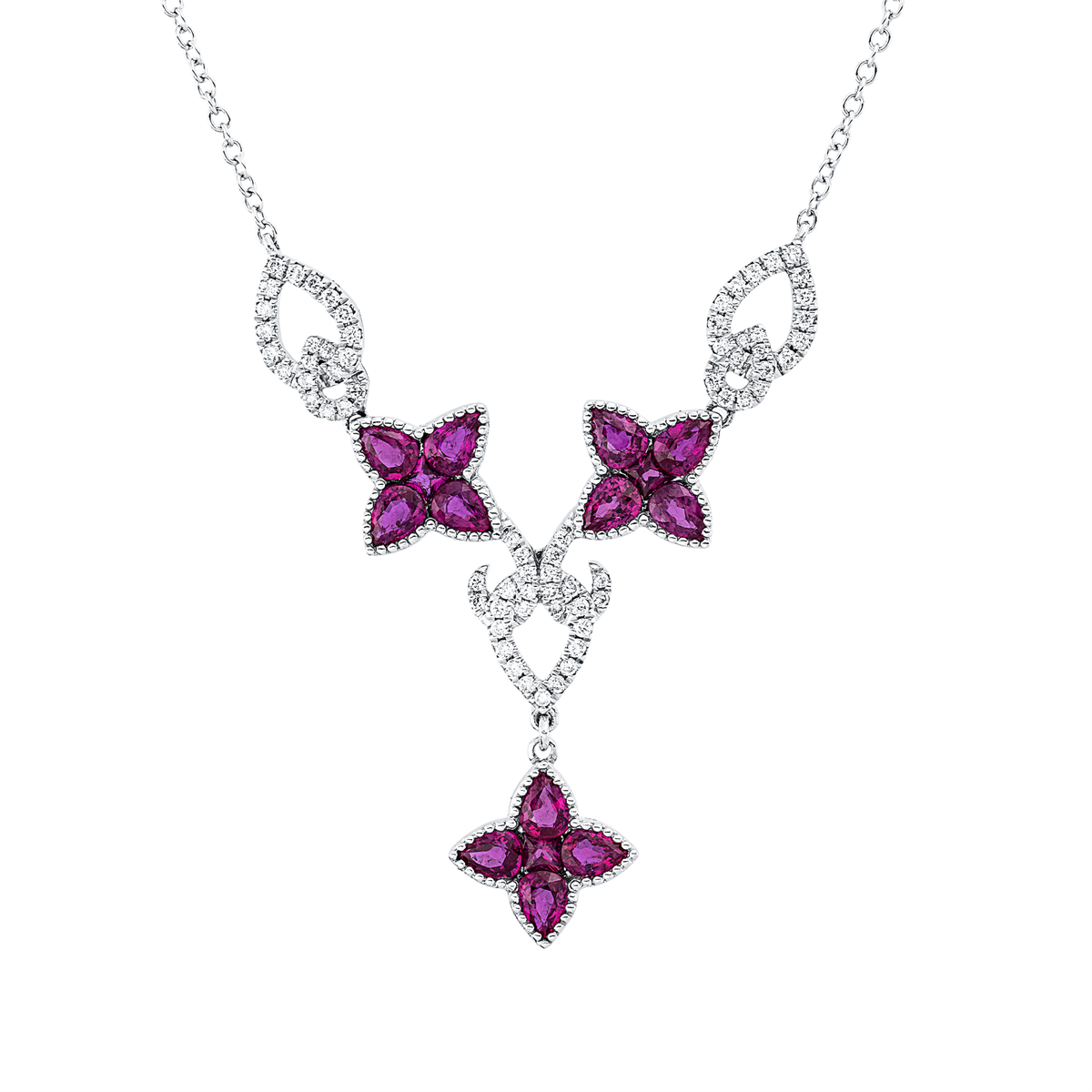 diamond full cut ruby colored stone classic necklace in white gold