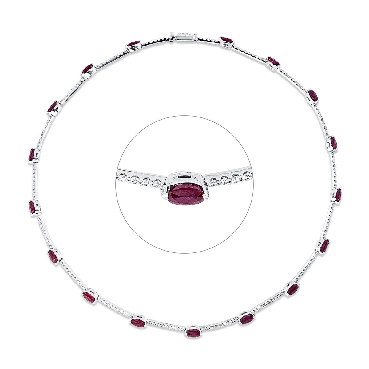 diamond full cut ruby colored stone classic necklace in white gold