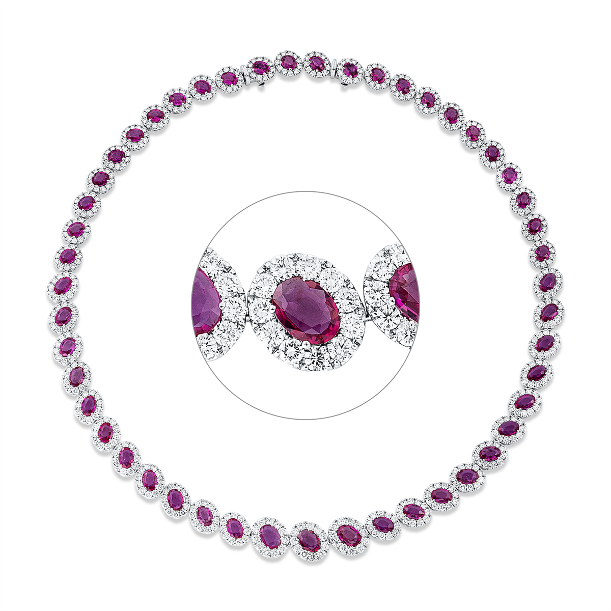 diamond full cut ruby colored stone classic necklace in white gold