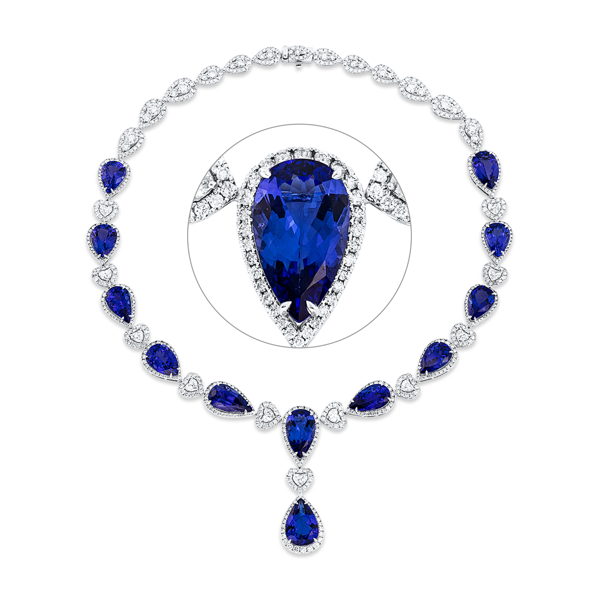 diamond full cut tanzanite colored stone classic necklace in white gold platinum 950