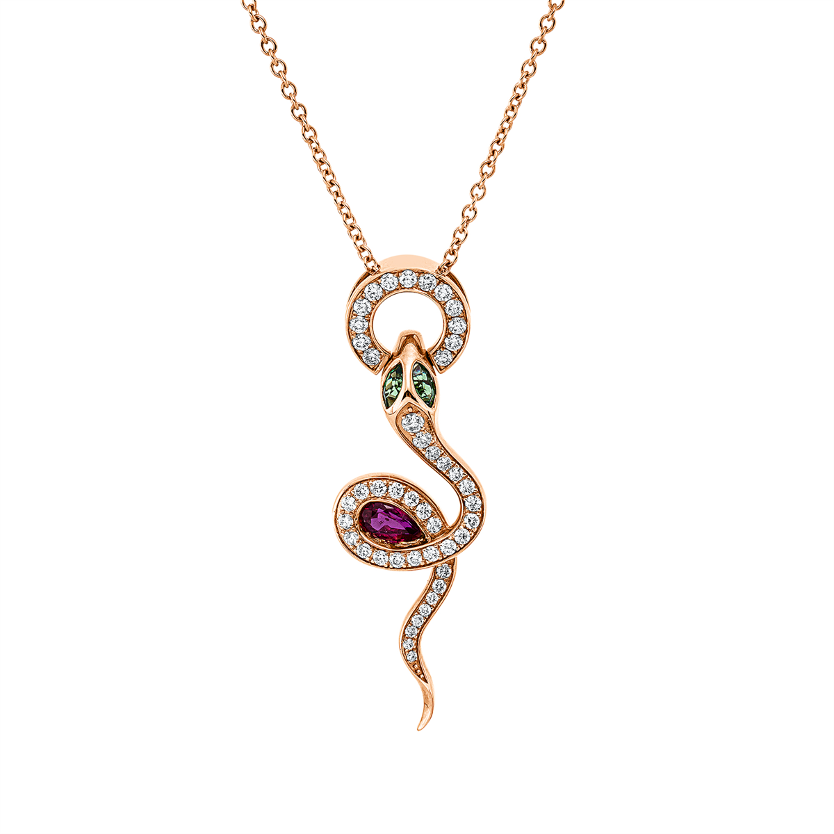 diamond full cut tsavorite animal necklace in red gold