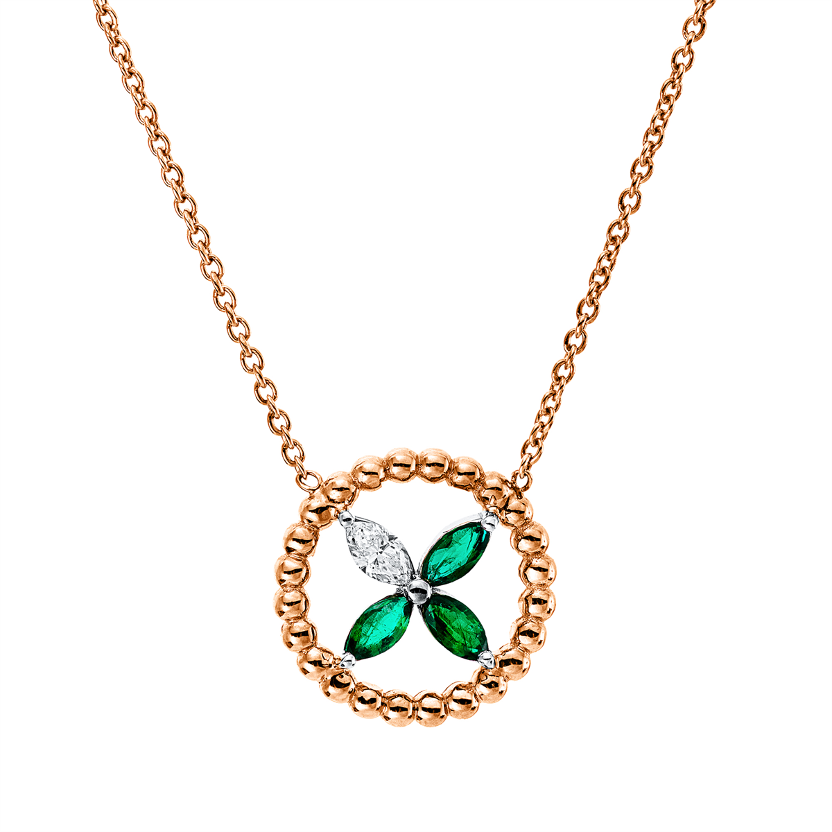 marquise emerald colored stone classic necklace in red gold / white gold