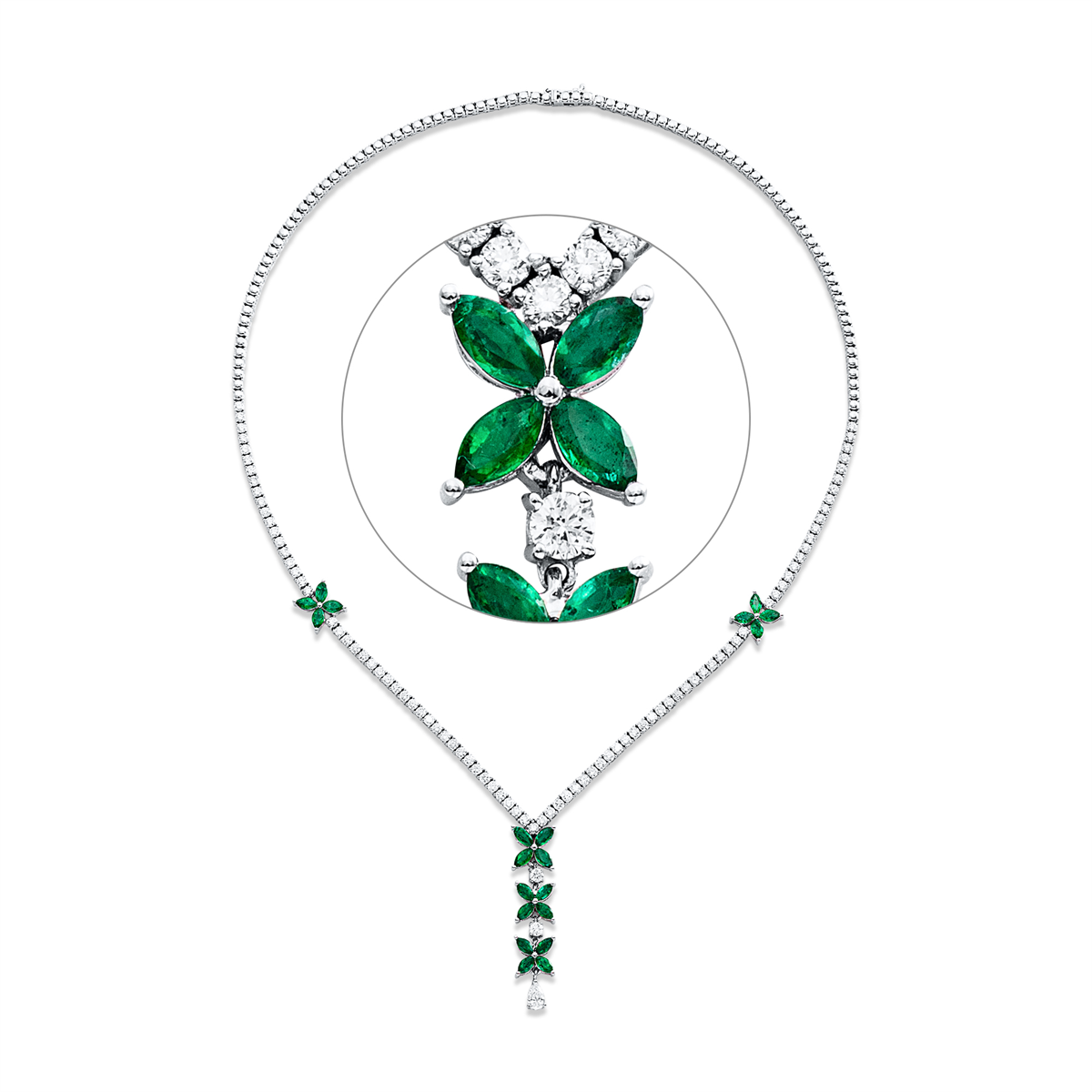 diamond full cut emerald colored stone classic necklace in white gold