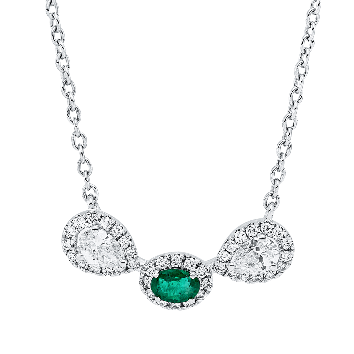 diamond full cut emerald colored stone classic necklace in white gold