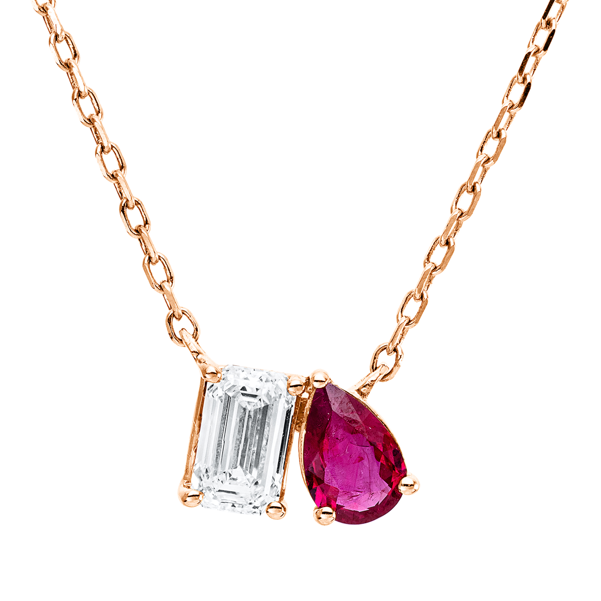 emerald cut ruby colored stone classic necklace in red gold