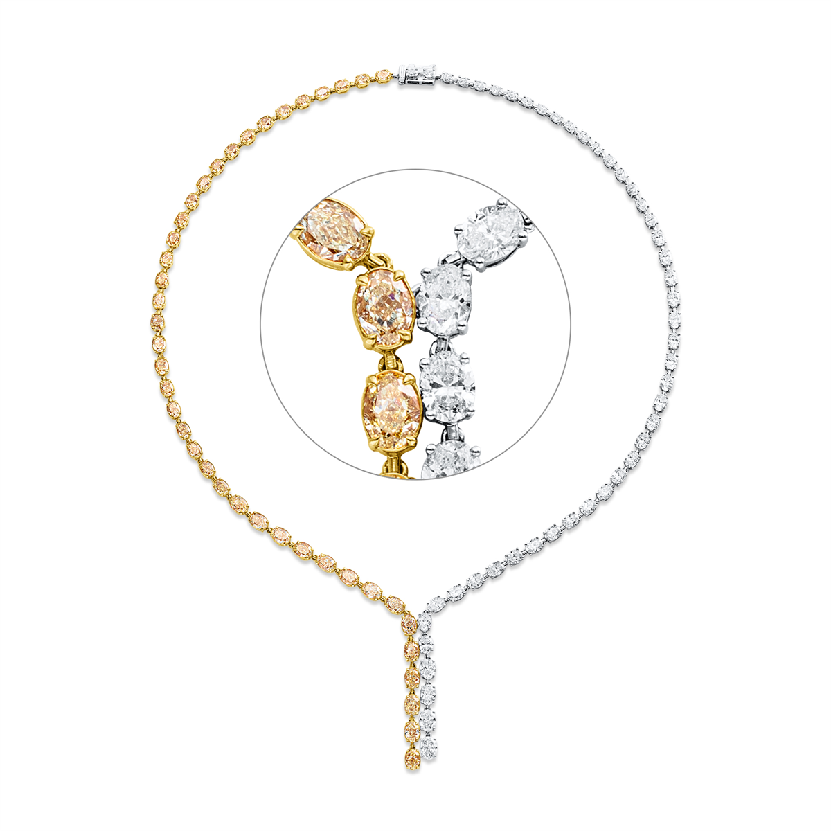 oval fancy colored diamond necklace in white gold / yellow gold