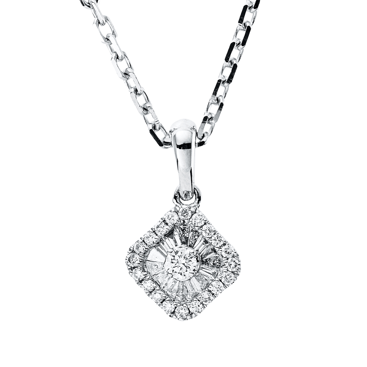 taper baguette illusion necklace in white gold