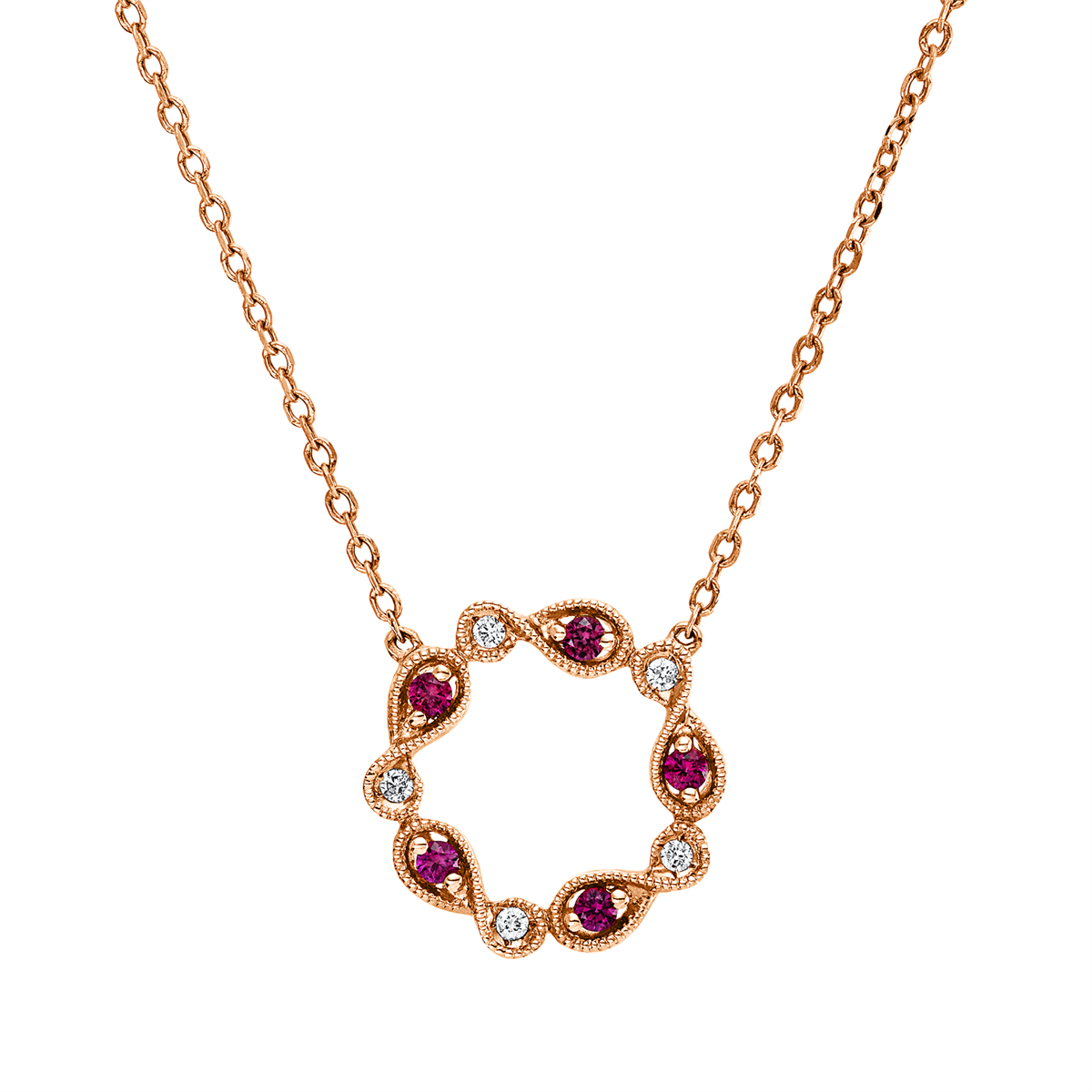 diamond full cut ruby colored stone classic necklace in red gold