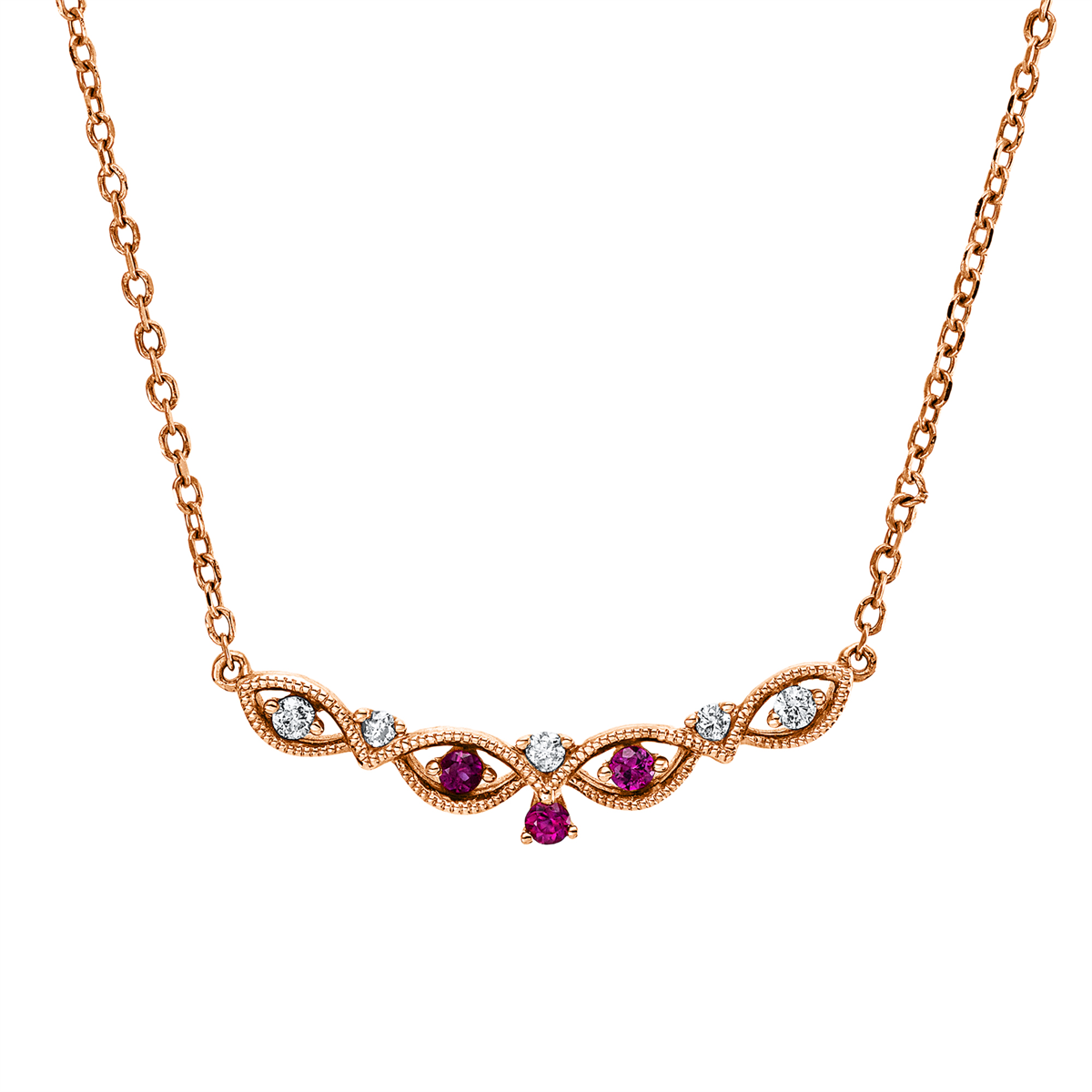 diamond full cut ruby colored stone classic necklace in red gold