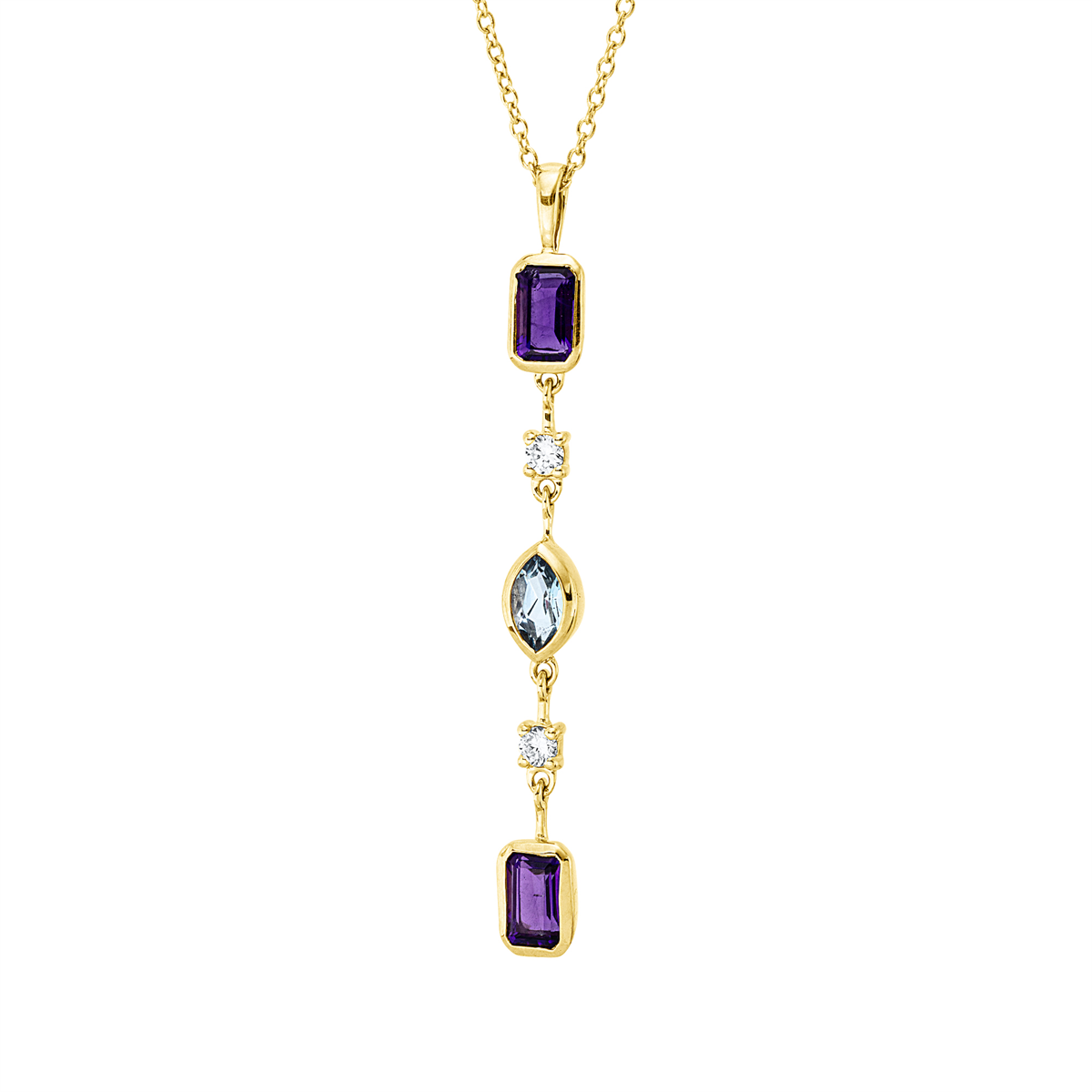 diamond full cut aquamarine colored stone fashion necklace in yellow gold
