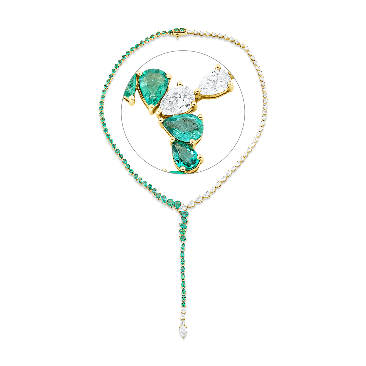 pear shape emerald colored stone classic necklace in yellow gold
