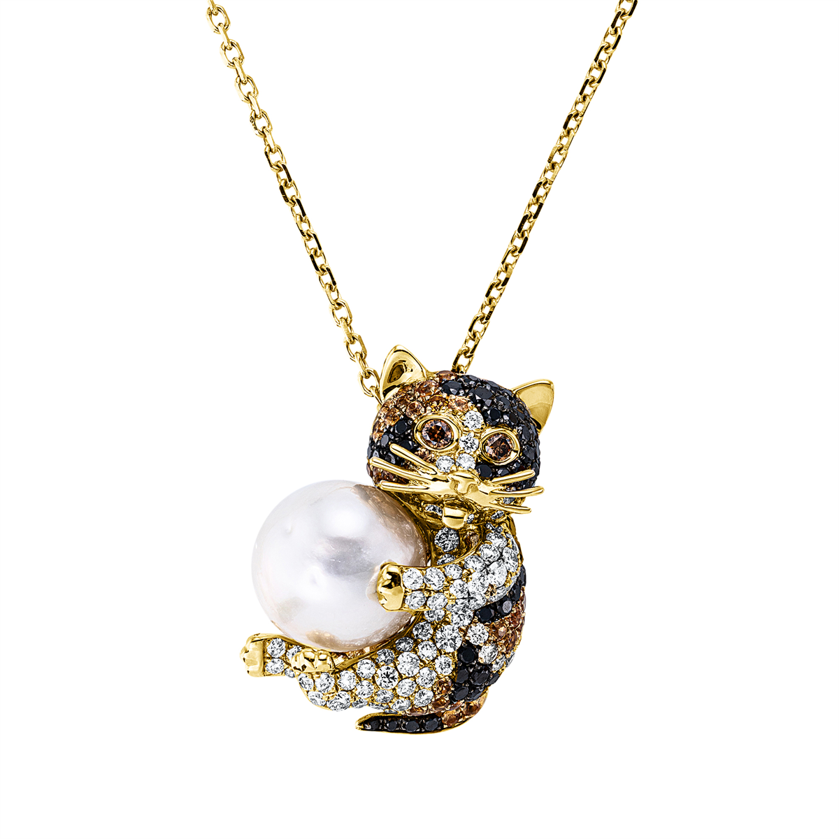 diamond full cut sapphire animal necklace in yellow gold