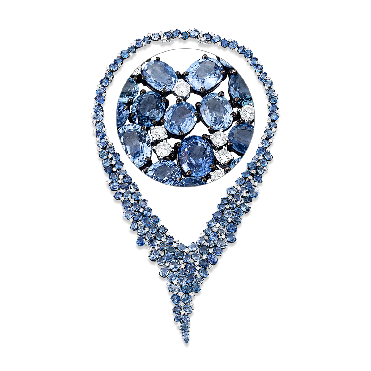 diamond full cut sapphire colored stone classic necklace in white gold