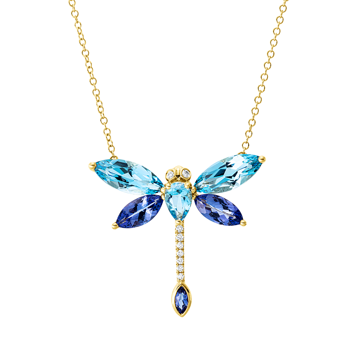 diamond full cut tanzanite colored stone fashion necklace in yellow gold