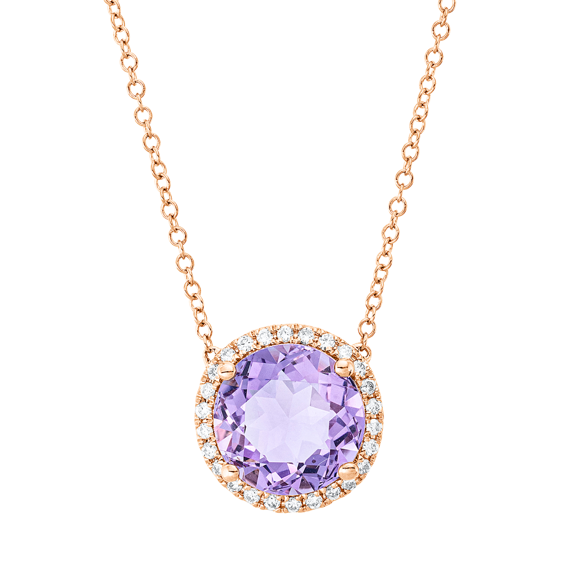diamond full cut amethyst colored stone fashion necklace in red gold