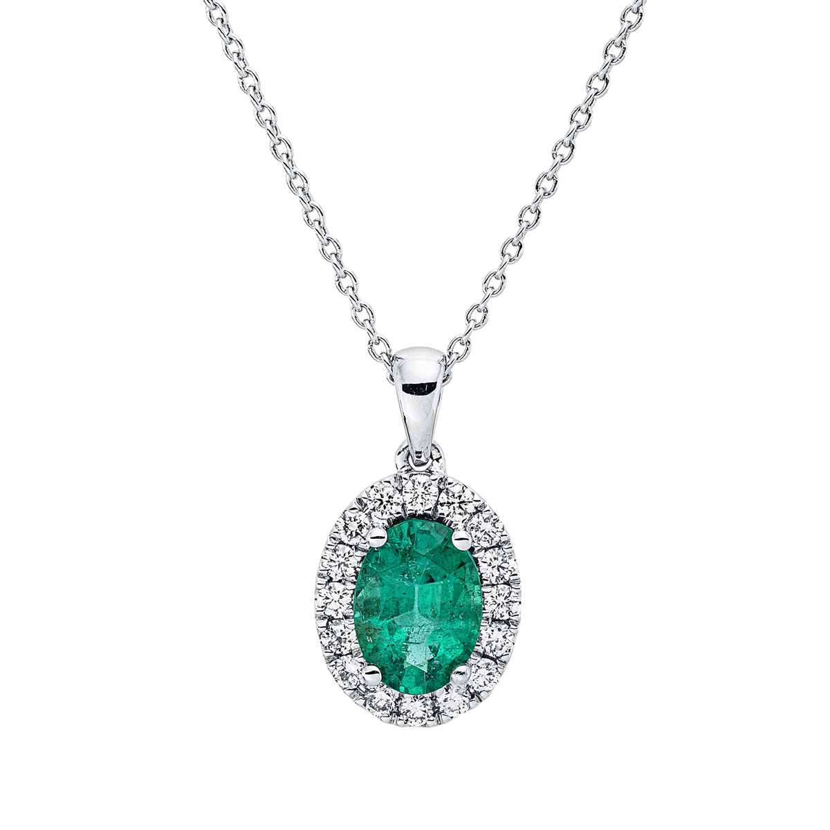diamond full cut emerald colored stone classic necklace in white gold