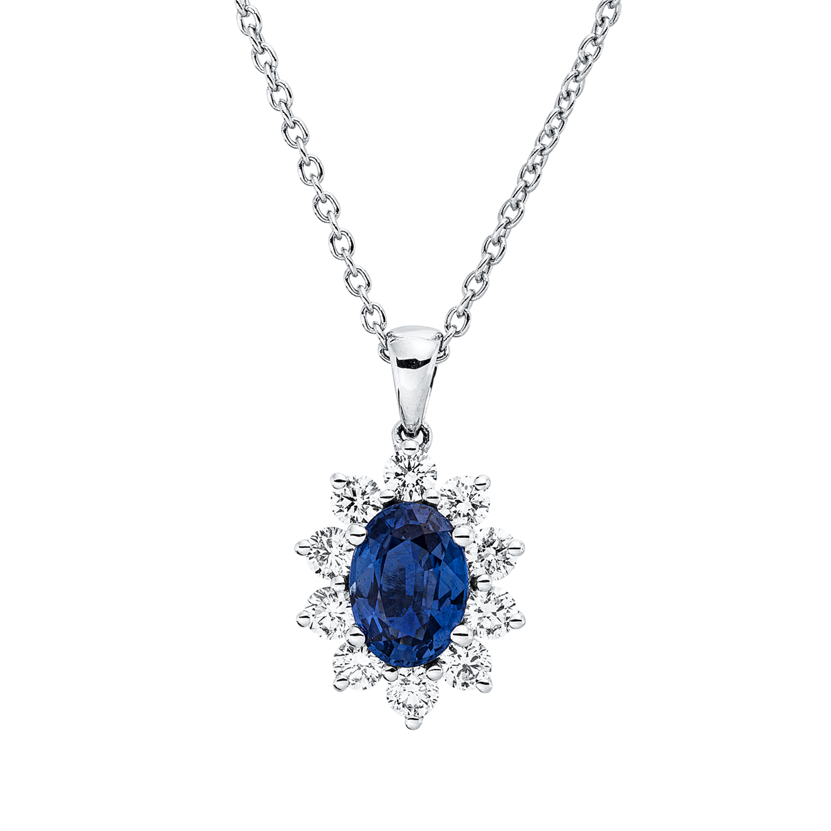 diamond full cut sapphire colored stone classic necklace in white gold