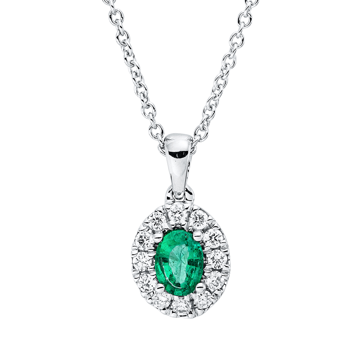 diamond full cut emerald colored stone classic necklace in white gold