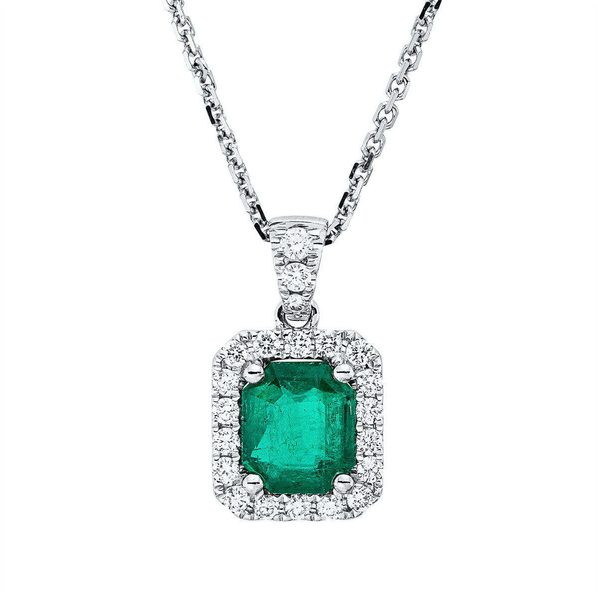 diamond full cut emerald colored stone classic necklace in white gold