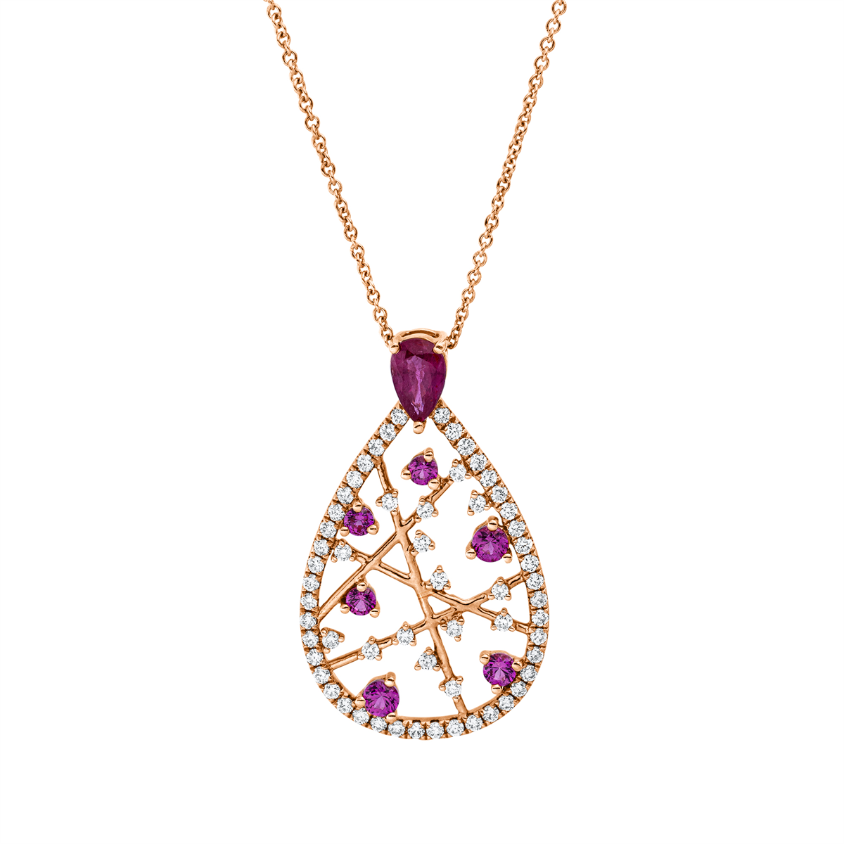 diamond full cut ruby colored stone classic necklace in red gold