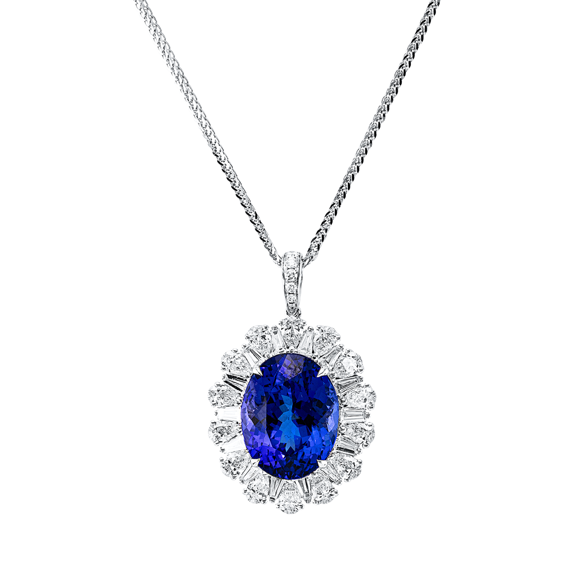 diamond full cut tanzanite colored stone classic necklace in white gold