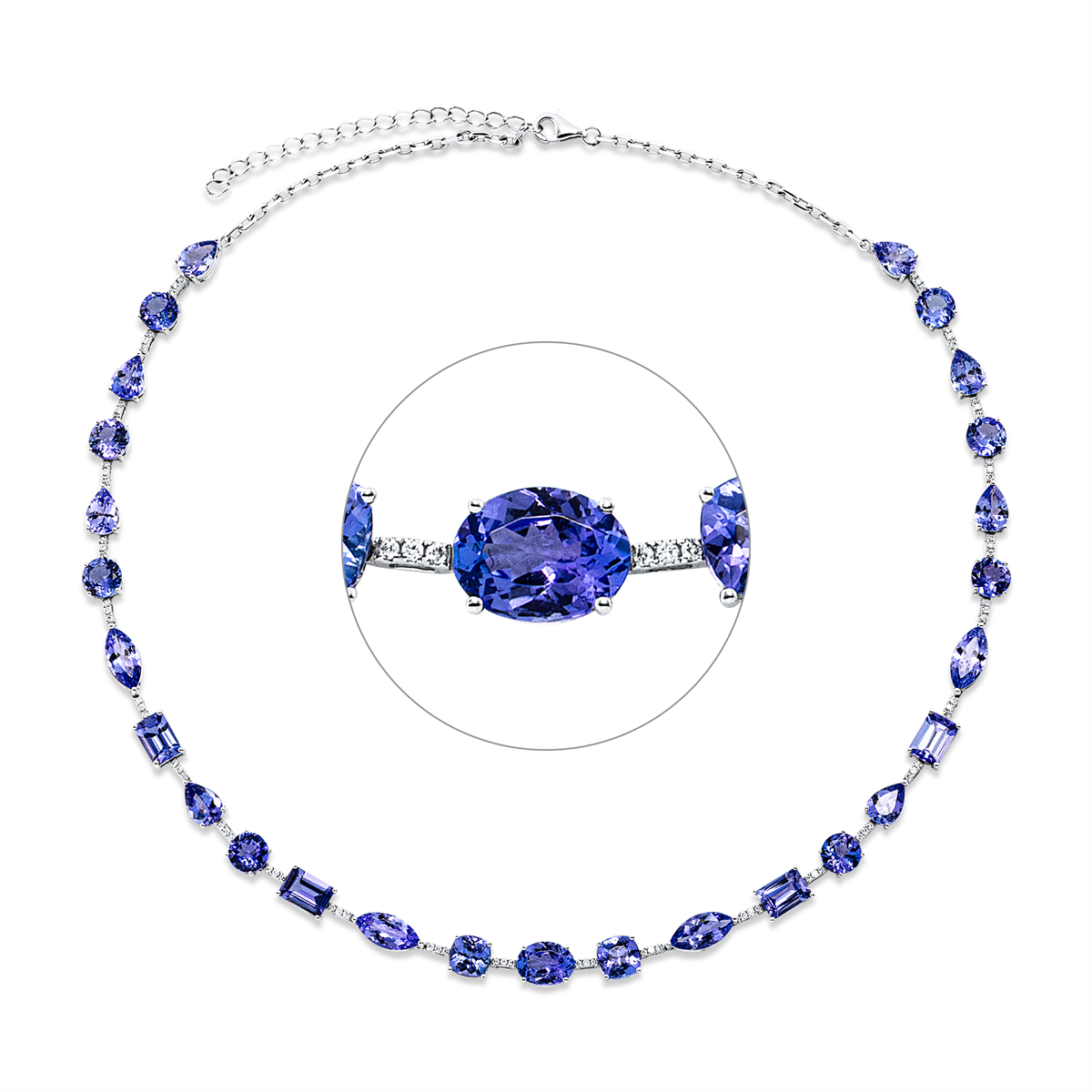 diamond full cut tanzanite colored stone classic necklace in white gold