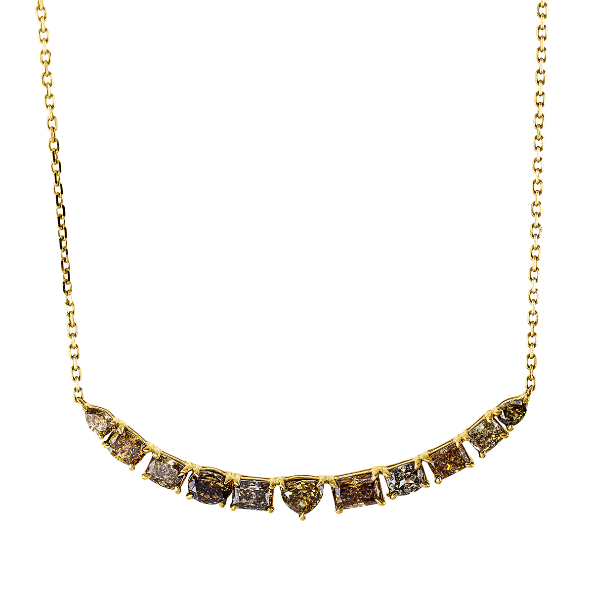 fantasy-cut fancy colored diamond necklace in yellow gold