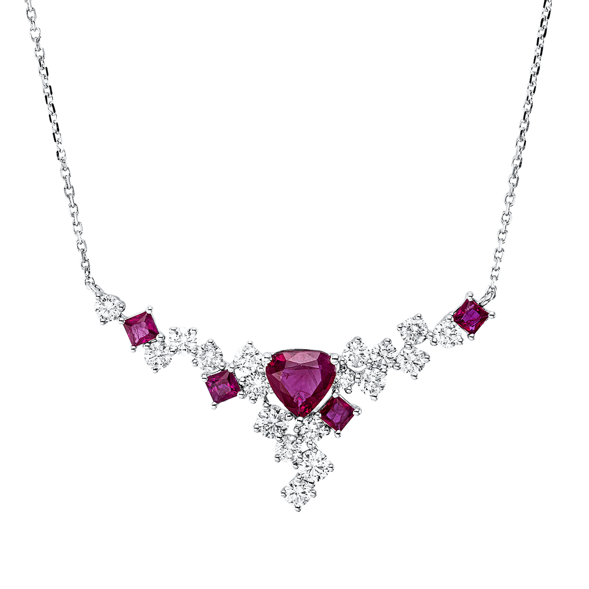 diamond full cut ruby colored stone classic necklace in white gold
