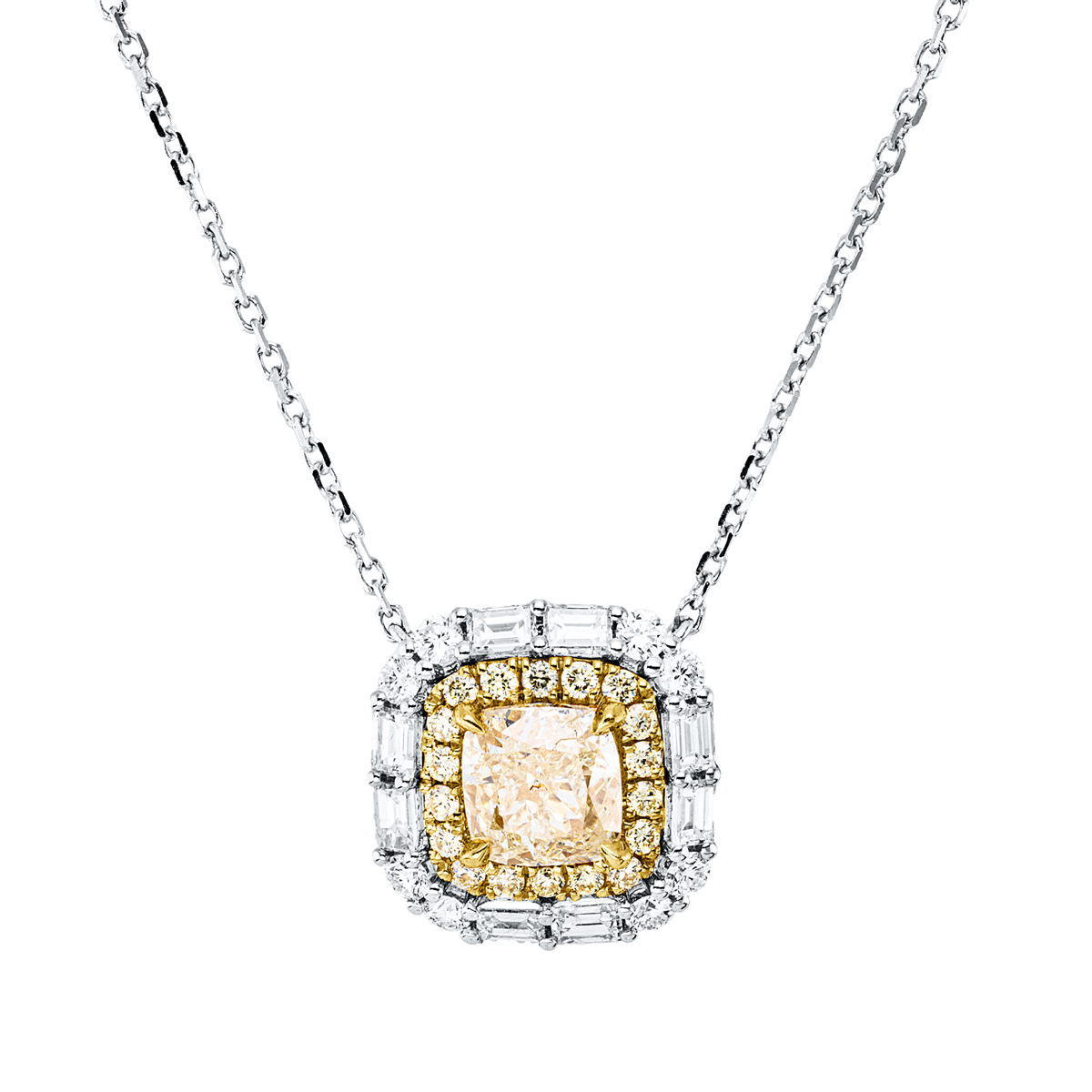 diamond full cut fancy colored diamond necklace in white gold / yellow gold