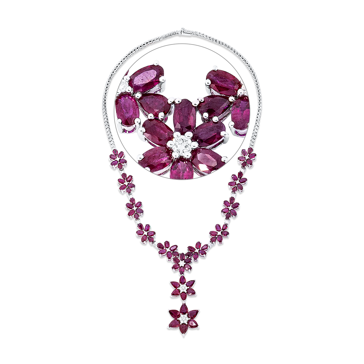 diamond full cut ruby colored stone classic necklace in white gold