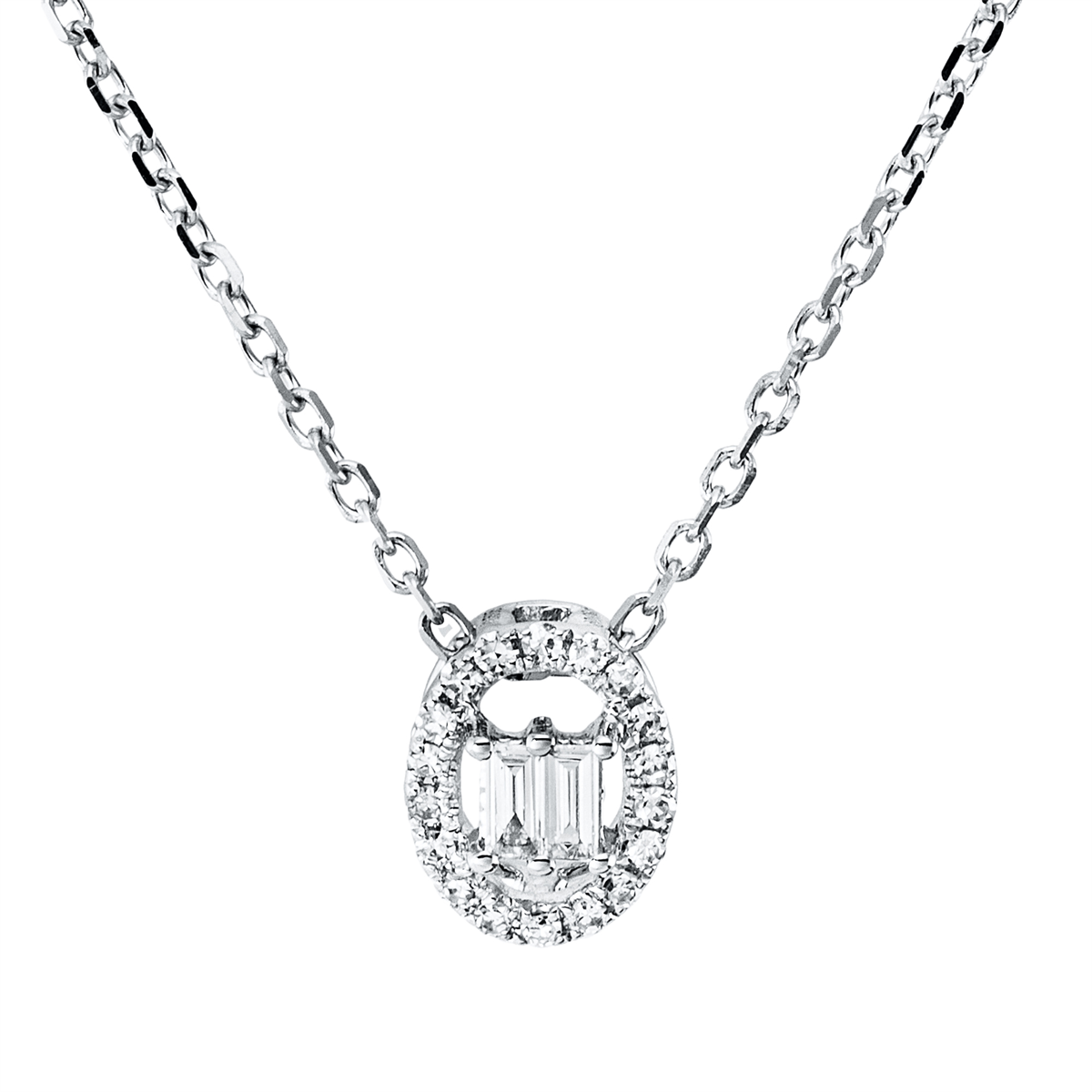 diamond single cut baguette illusion necklace in white gold
