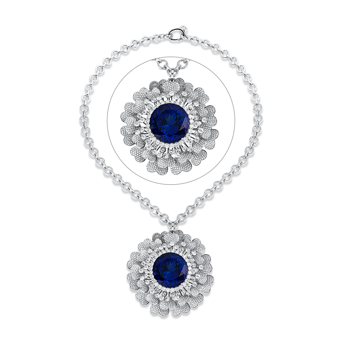 diamond full cut tanzanite colored stone classic necklace in white gold